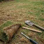 Tired Australian lawn with a screwdriver, spade wedge, and ruler laid out for testing
