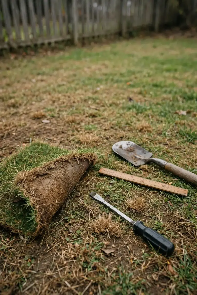 Tired Australian lawn with a screwdriver, spade wedge, and ruler laid out for testing
