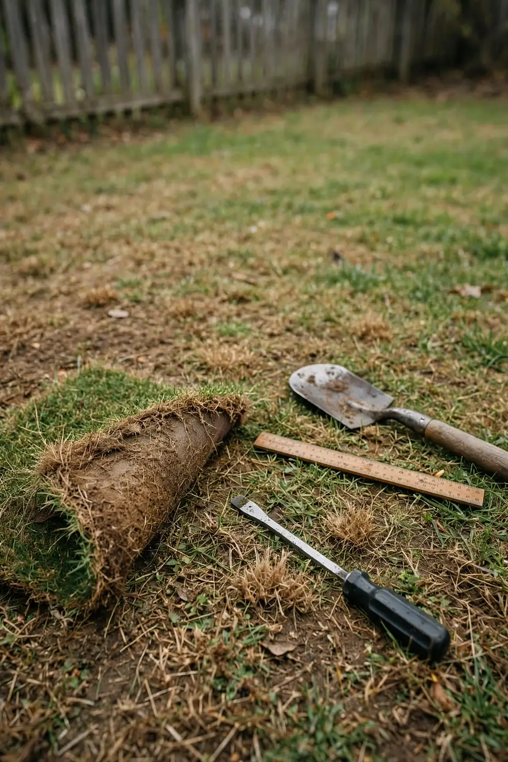 Tired Australian lawn with a screwdriver, spade wedge, and ruler laid out for testing