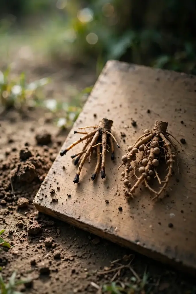 Two washed root masses compared, one cropped and one knotted with galls.