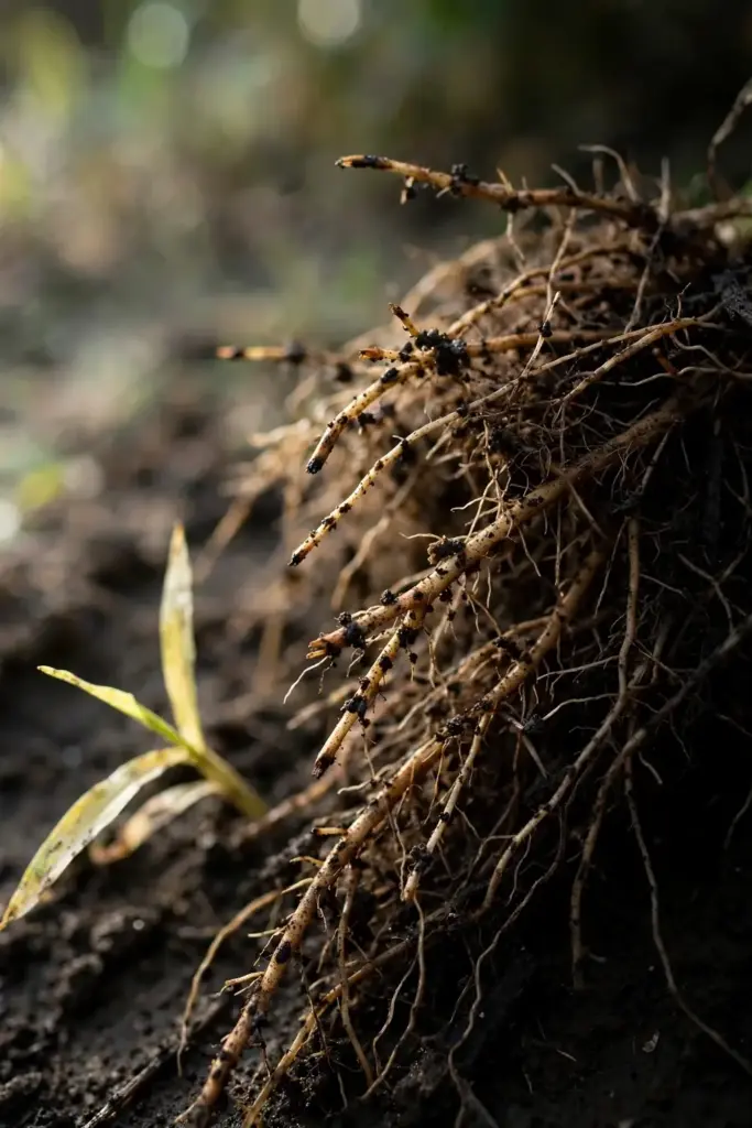 Washed grass roots cropped short beside a stunted yellowing seedling.