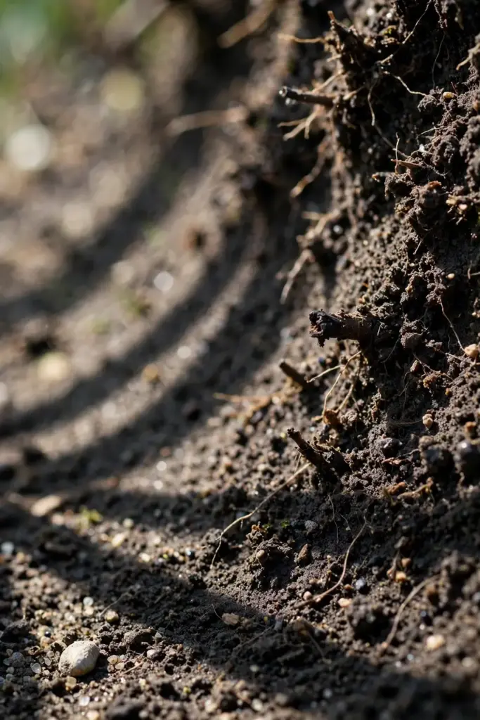 Close-up of lawn soil with fine grass roots cropped short with browned tips.