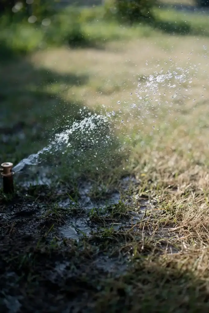 Sprinkler arcing water over a lawn in soft morning light for deep watering.