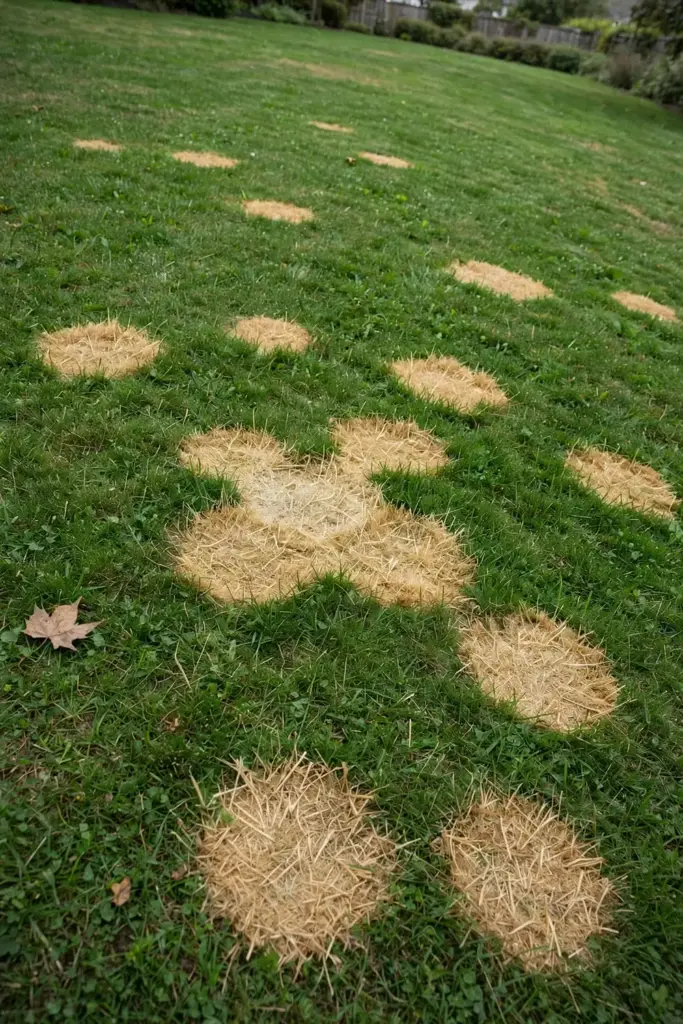Home lawn dotted with round straw-colored dollar spot patches, two merging together.