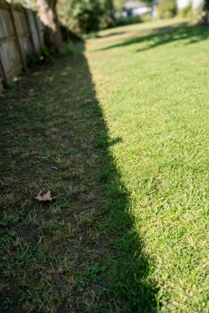 Lawn with a long tree shadow cutting diagonally across sunlit turf