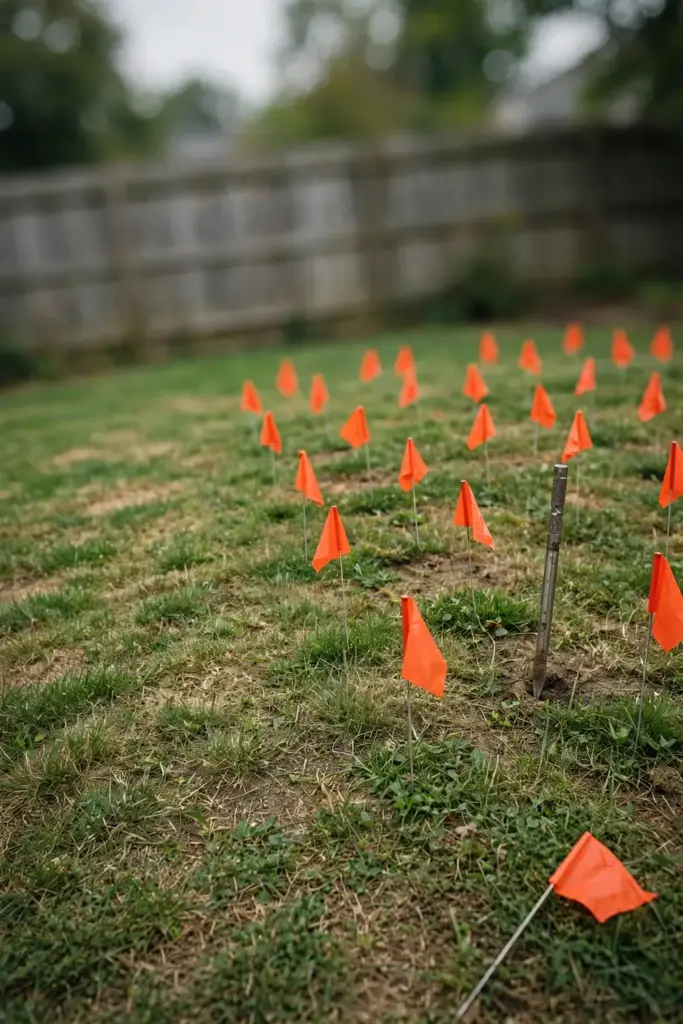 Lawn marked with a grid of survey flags and a steel soil probe.