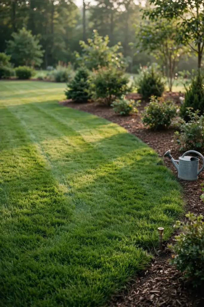 Thick green home lawn with neat mowing stripes in soft morning light.