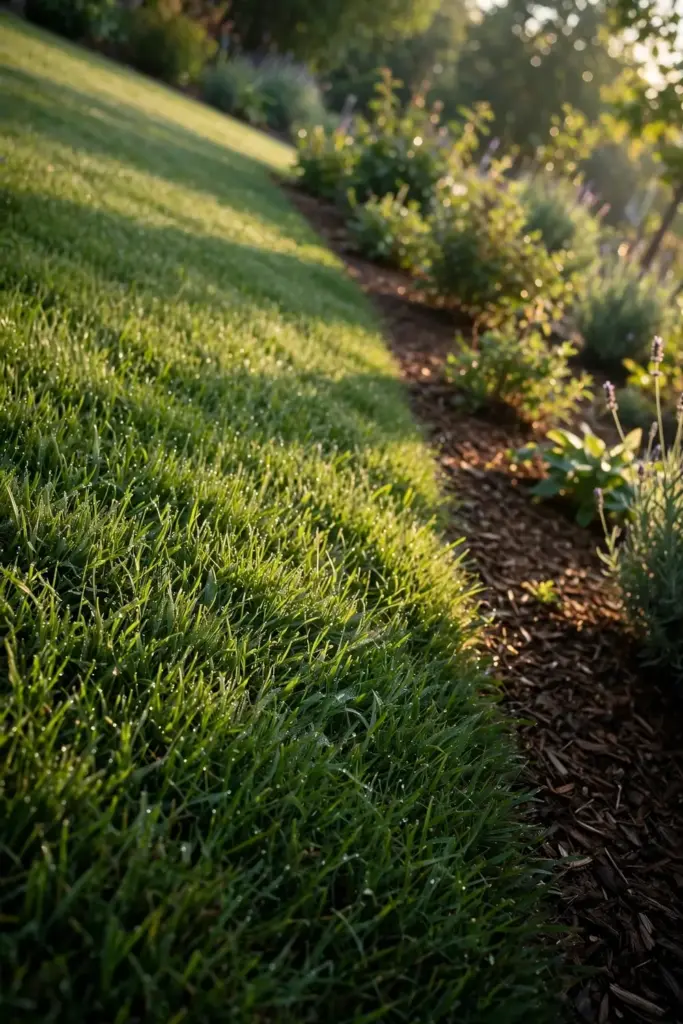 Thick green lawn with dew on the blades in soft morning light.
