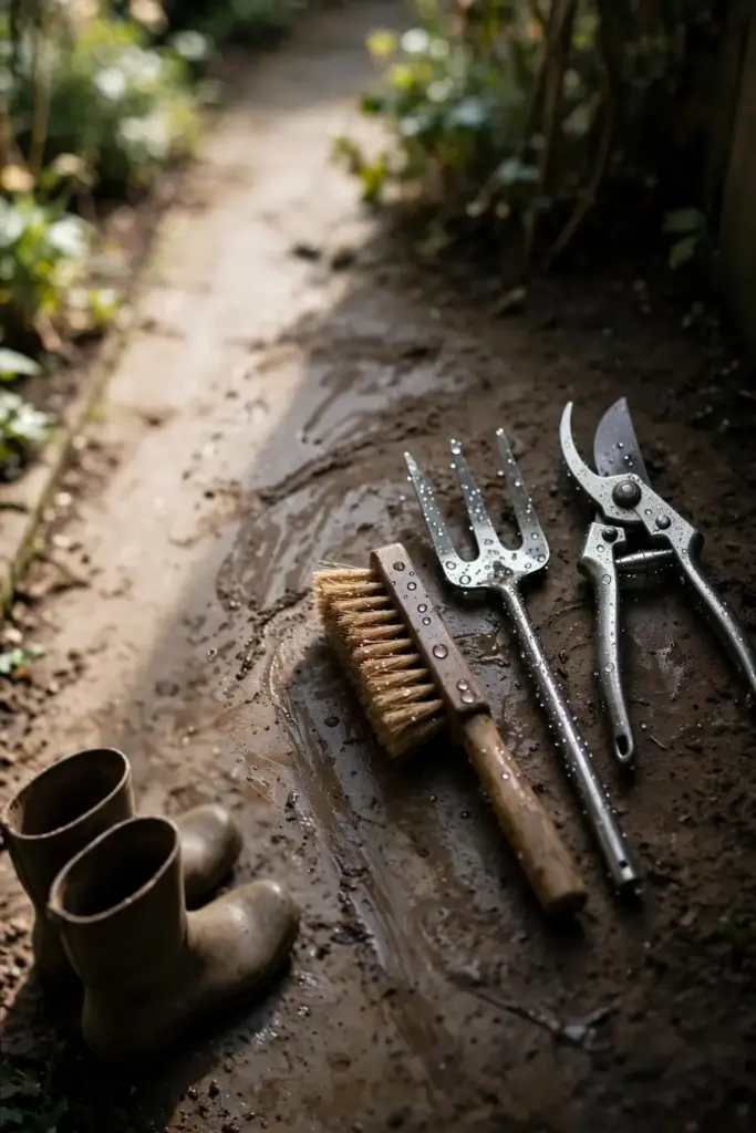 Washed steel garden tools drying neatly on a path beside clean boots.