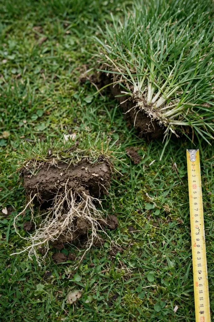 Lifted turf plug with roots beside parted grass showing a green crown