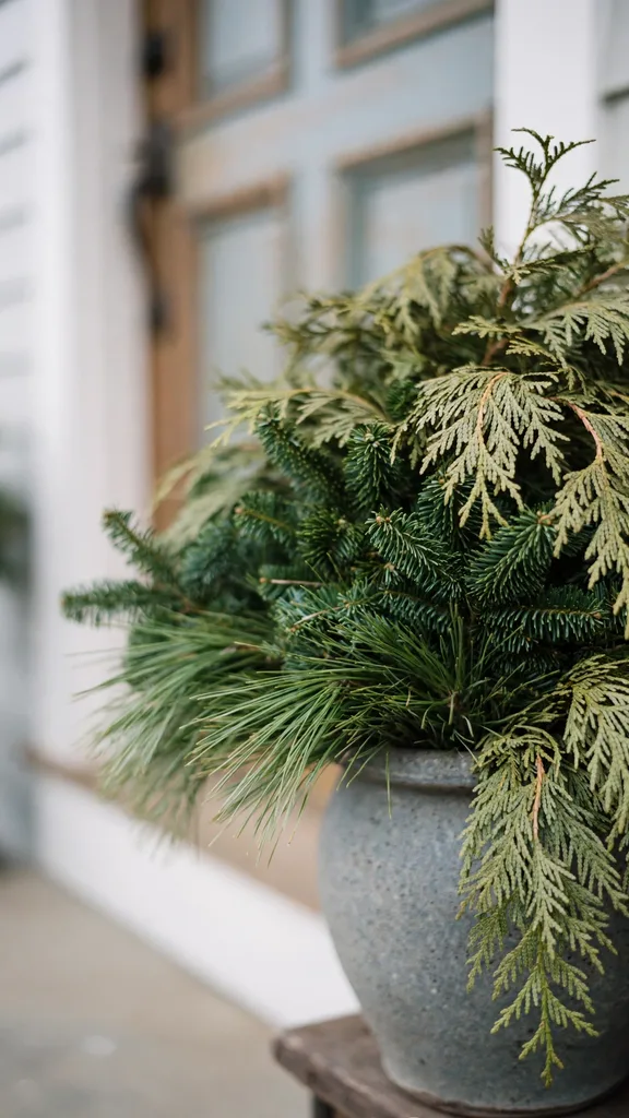 Layered cedar, pine, and fir boughs filling a Christmas urn