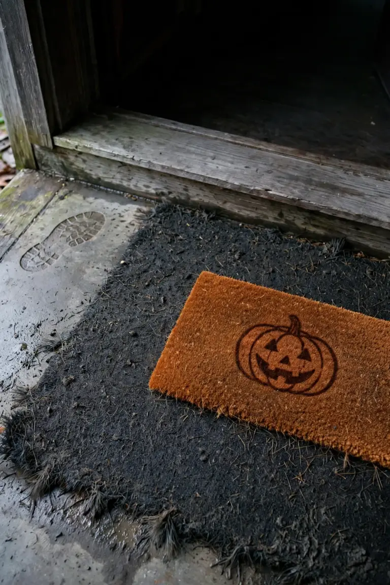 Two layered doormats, a wide charcoal base under a smaller rust-orange pumpkin mat, on a porch threshold
