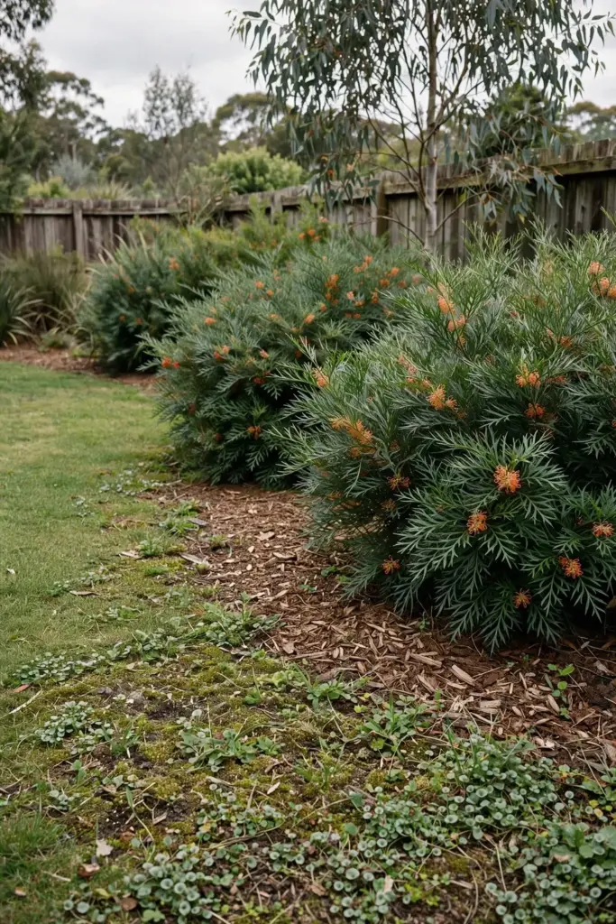Layered native garden with groundcover, shrubs, and a small tree