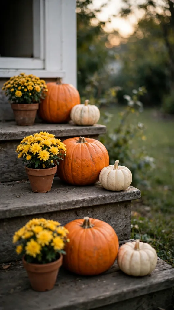 Porch steps layered in groups of three: a mum, a large pumpkin, and a small pumpkin