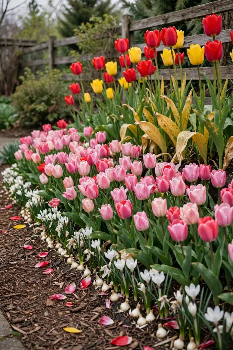 Layered tulip flowerbed with tall blooms behind and short spring bulbs in front