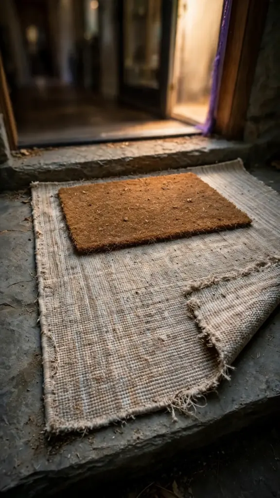 Small coir doormat layered over a larger flatweave rug on a porch step
