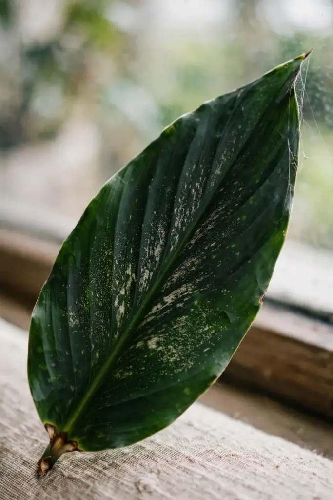 Black turmeric leaf with fine stippled marks from mites