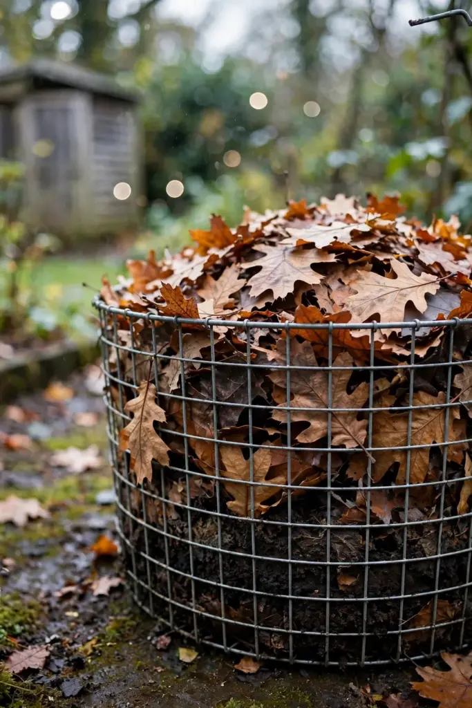 Wire bin heaped with autumn leaves settling into dark leaf mold
