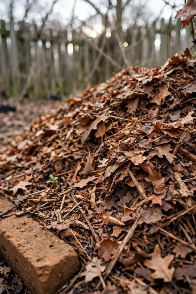 Deep shredded leaf mulch on a bed with a clay brick showing the depth