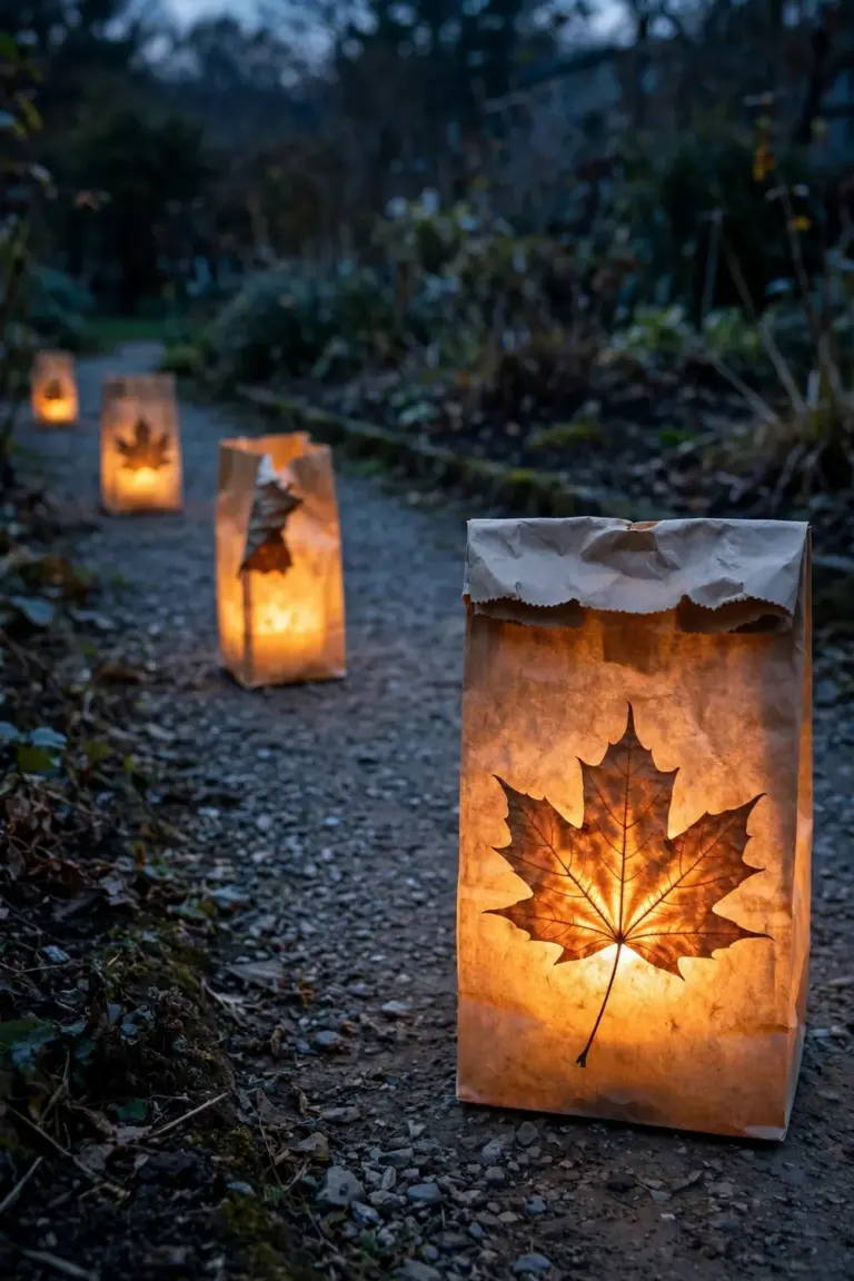 Paper bag luminaries with pressed leaves glowing along a garden path at dusk