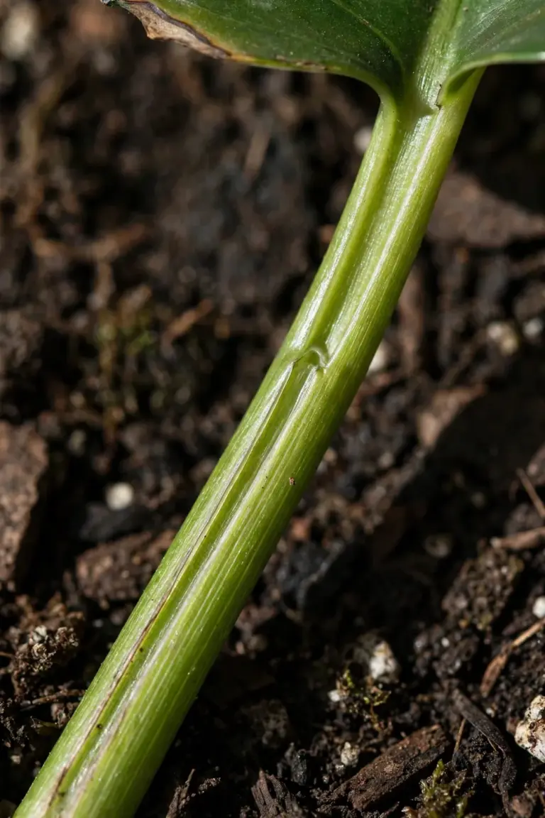 Close-up of a pothos leaf stalk showing the groove that identifies it