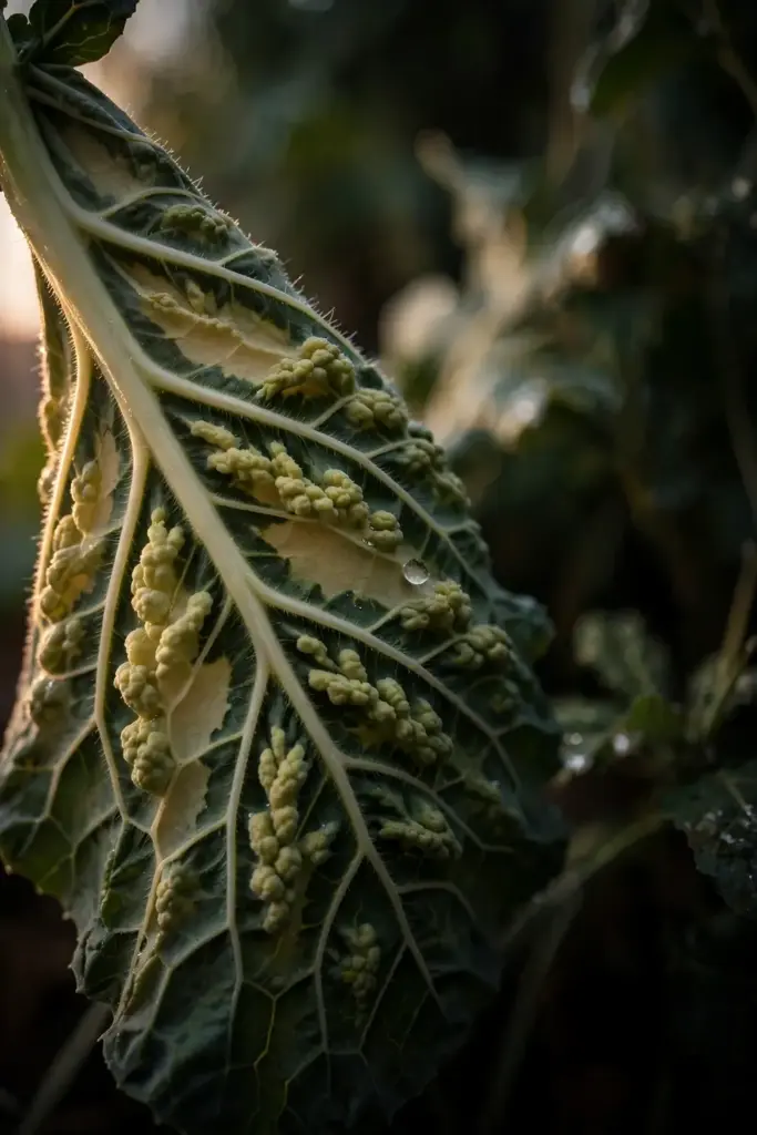 Brassica leaf underside with vein clearing and warty vein growths.