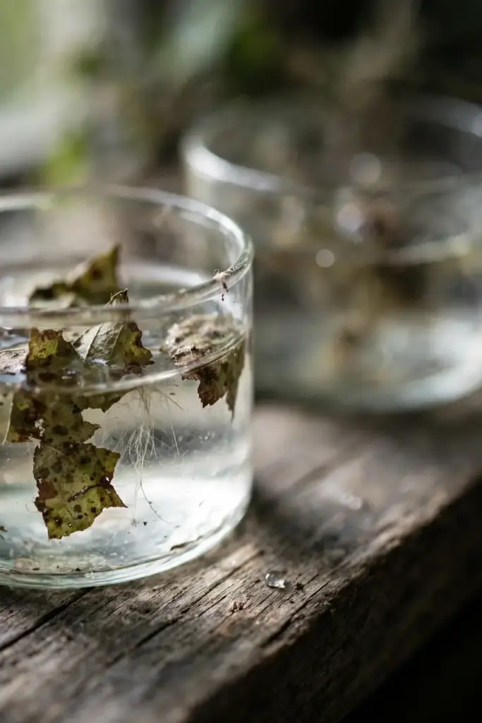 Torn leaf pieces soaking in a clear dish of water for a nematode check.