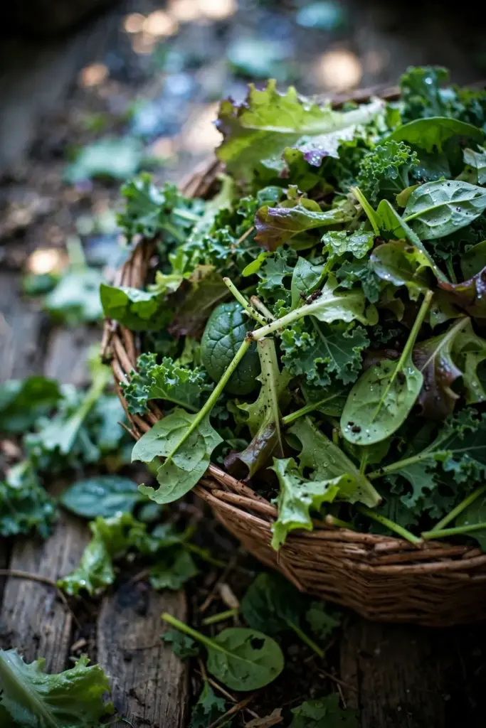 Wicker basket overflowing with spinach, lettuce, and kale