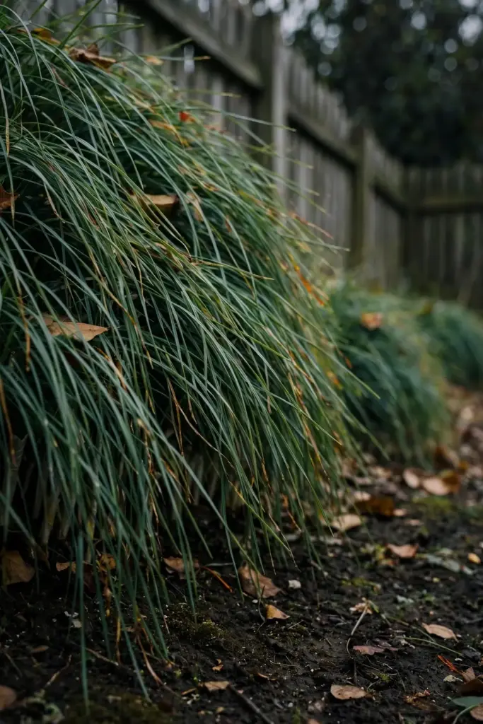 Dense saffron leaves with no flowers in a shaded autumn bed