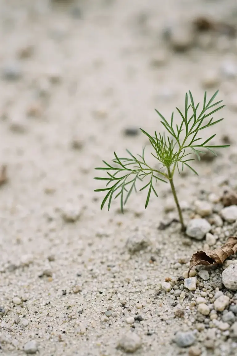 Young cosmos seedling growing in poor pale sandy soil