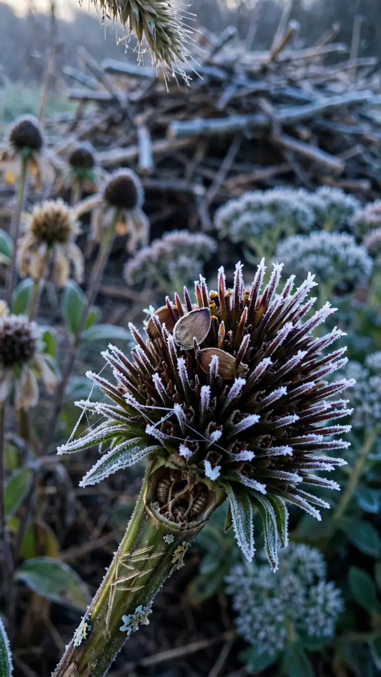 Frost-tipped coneflower seed head left standing with hollow stem for bees