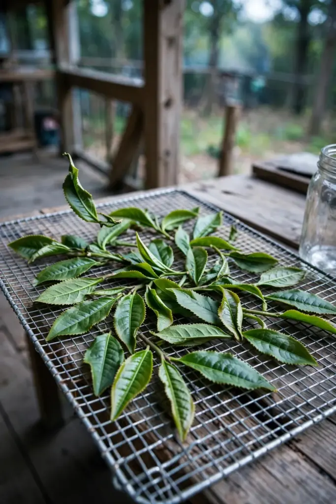 Java tea leaves drying in a single layer on a mesh rack