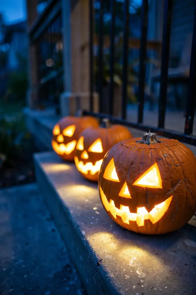 Three carved pumpkins glowing bright with LED light on a porch step at dusk