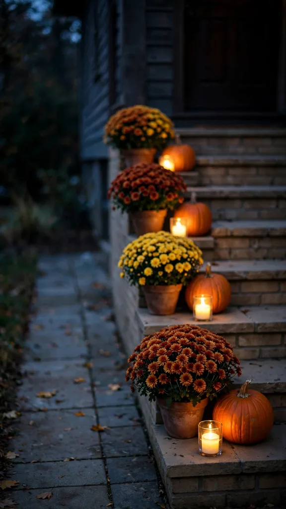 Porch steps with mums and pumpkins lit by LED candles at dusk