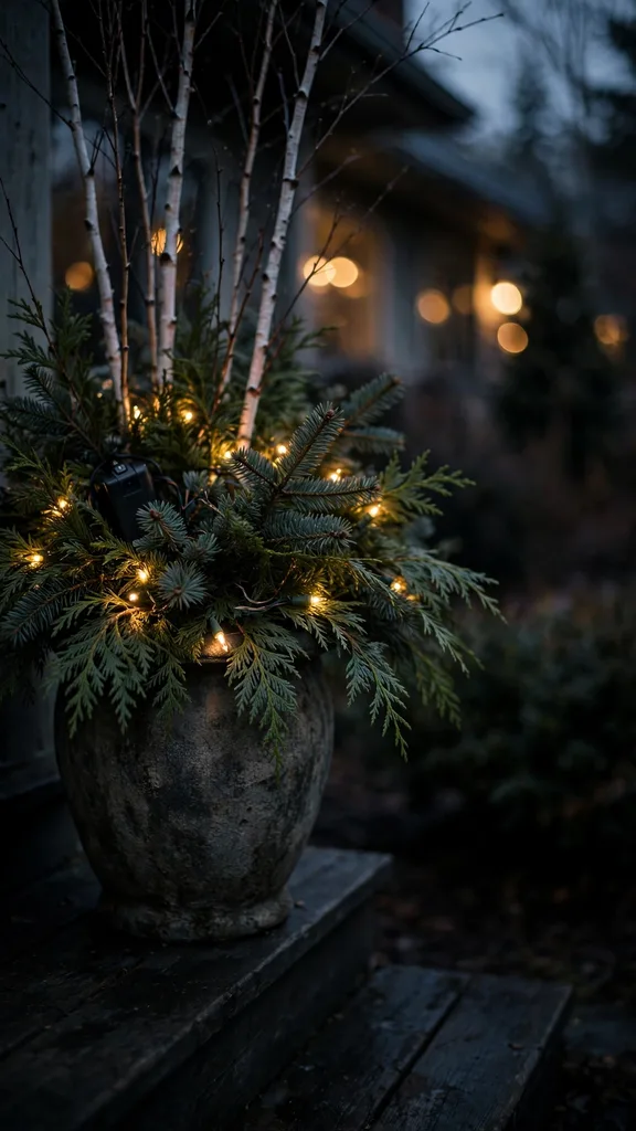 A Christmas urn glowing with a battery LED string at dusk