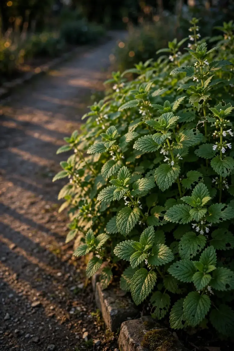 A full lemon balm mound of bright green leaves beside a garden path in soft evening light