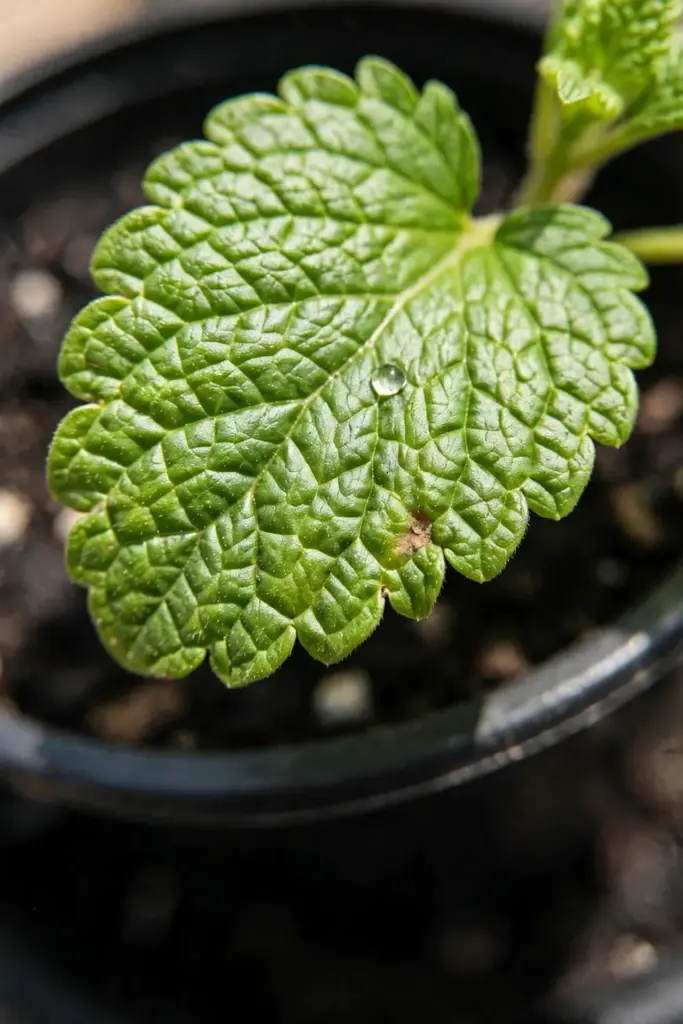 Quilted lemon balm leaf with a dark pot edge in soft bokeh