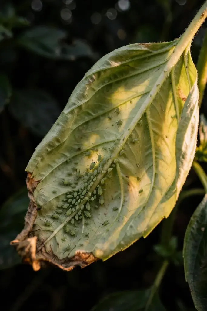 Aphids clustered on the underside of a lemon basil leaf