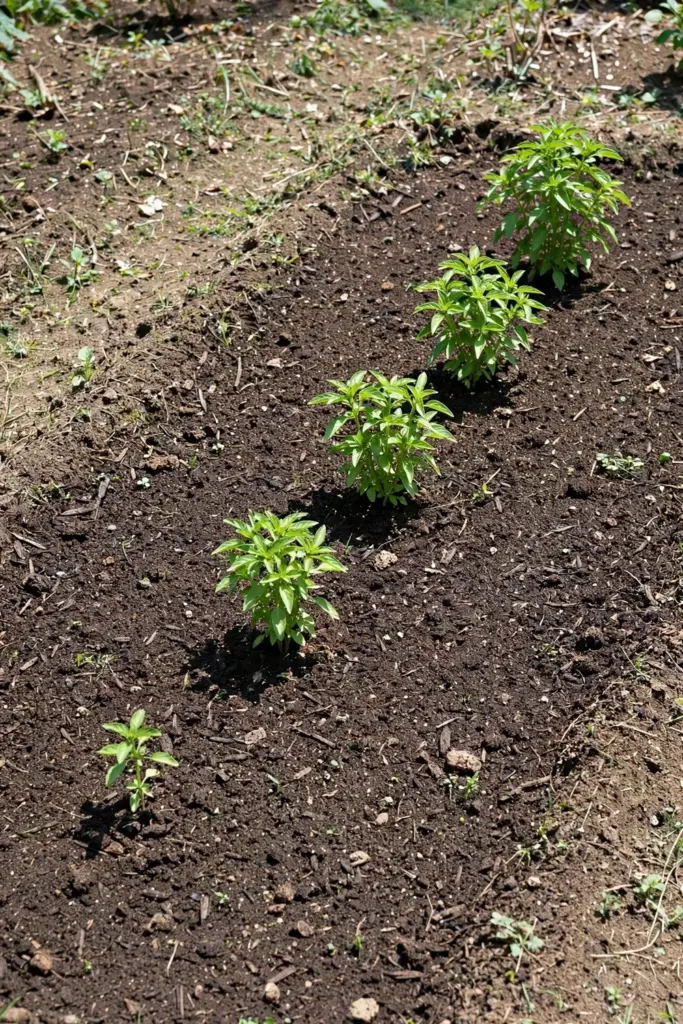 Row of young lemon basil plants spaced a foot apart in a sunny bed