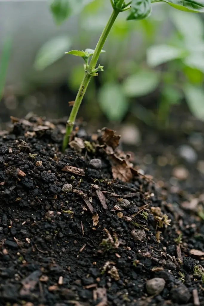 Dark compost-rich soil around the base of a lemon basil plant