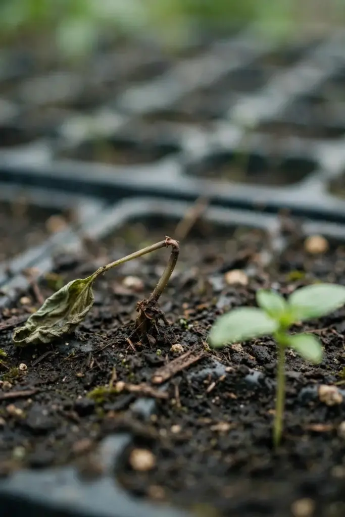 Collapsed lemon basil seedling with pinched brown stem at soil line