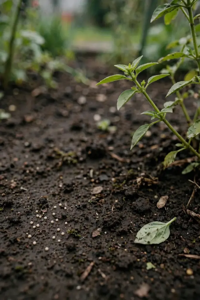 Small amount of fertilizer granules scattered away from a basil stem