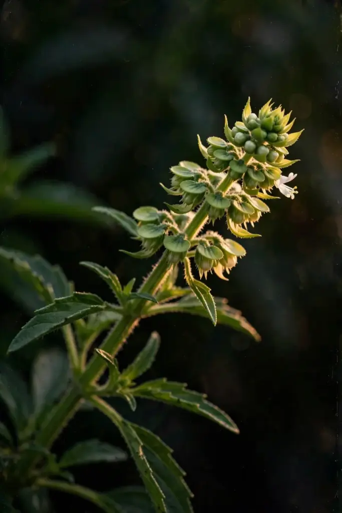 Small green flower buds forming at the tip of a lemon basil stem