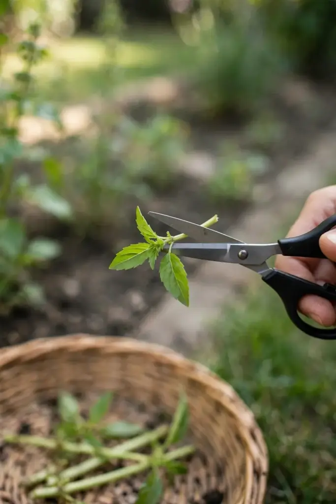 Hand cutting lemon basil stems into a basket at morning harvest