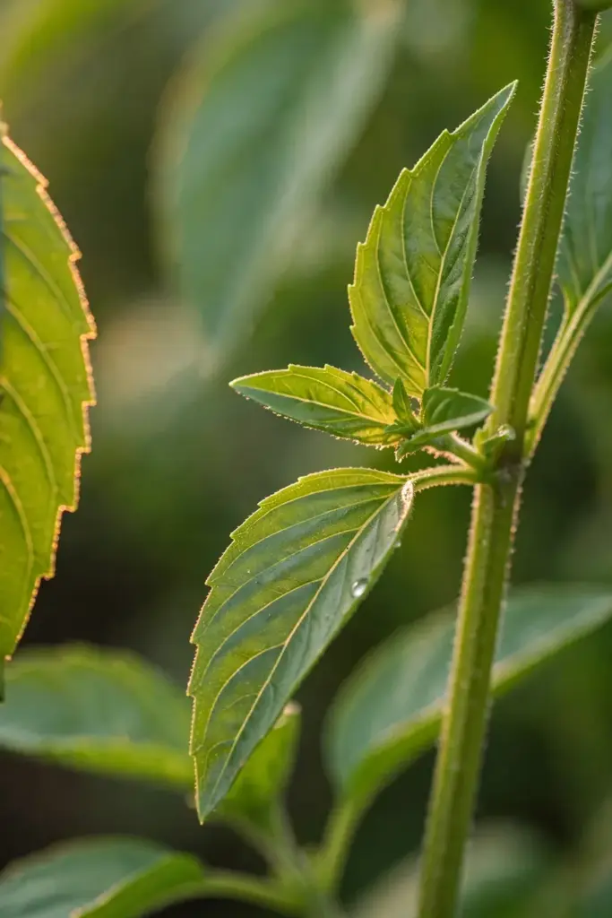 Close-up of lemon basil leaves showing narrow shape and serrated edges