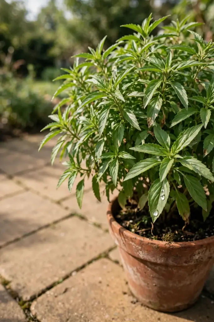 Bushy lemon basil growing in a terracotta pot on a sunny patio