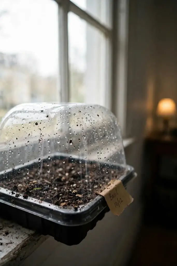 Seed tray with clear humidity dome on a bright windowsill