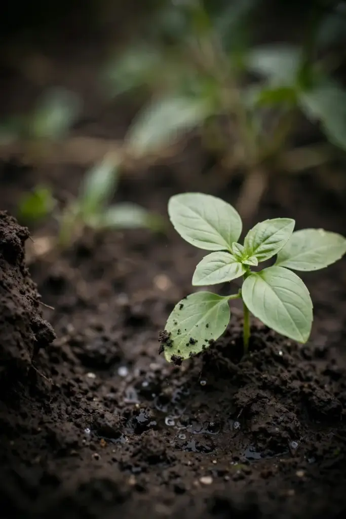 Newly transplanted lemon basil seedling in dark garden soil