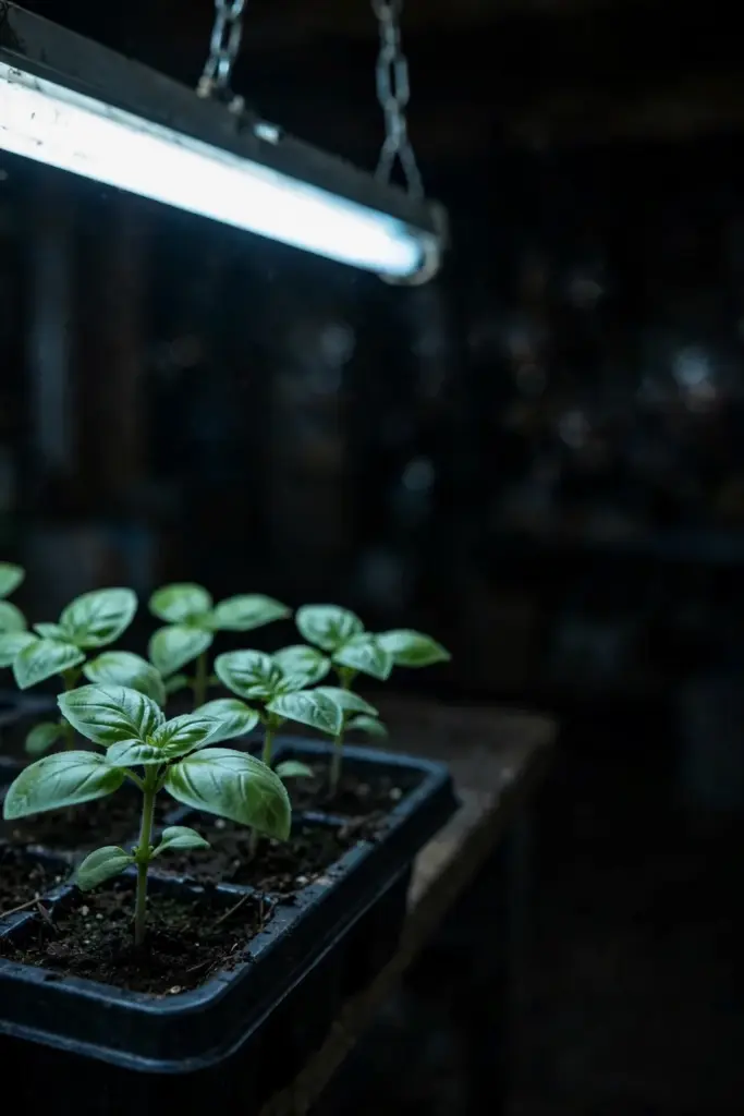Stocky lemon basil seedlings growing under a low-hung shop light