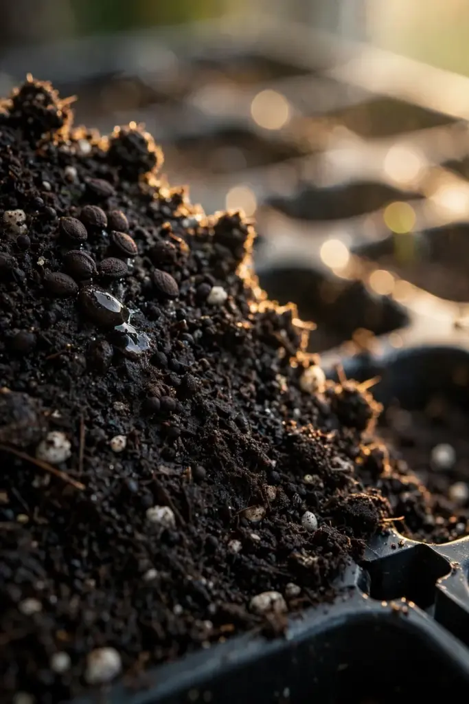Tiny lemon basil seeds resting on the surface of dark seed-starting mix